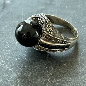 Vintage Sterling Silver Black Onyx Marcasite Dome Ring - Size 7.5, Deco Revival